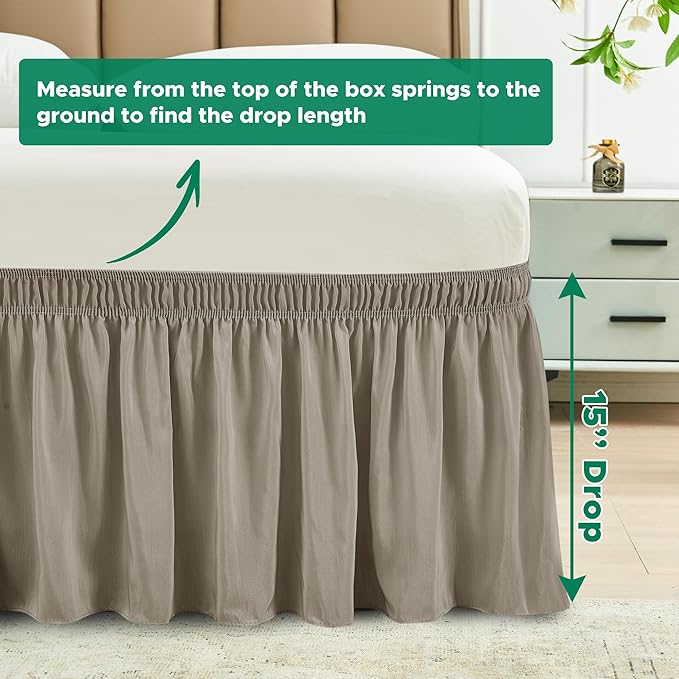 Biscaynebay Wrap Around Bed Skirts for Queen Beds 15" Drop, Taupe Adjustable Elastic Dust Ruffles Easy Fit Wrinkle & Fade Resistant Silky Luxurious Fabric Machine Washable