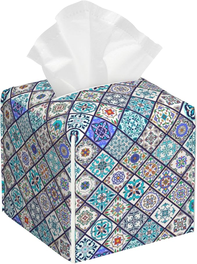 BLYKVGHQ Square Tissue Box Cover Vintage Ceramic Tiles Tissue Box Holder Facial Cube Paper Dispenser Leather Decorative Organizer Home Office Desk Decor, 5.2"x5.2"x5.2"