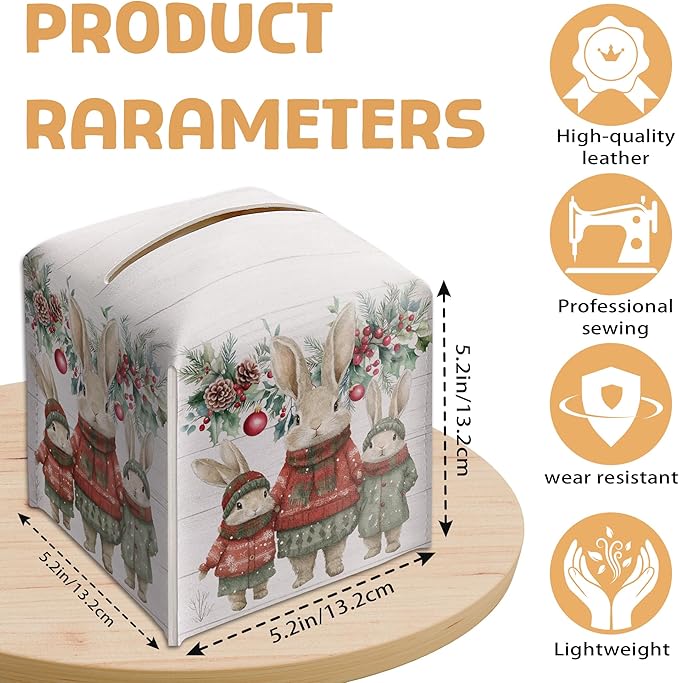 Christmas Tissue Box Holder, Christmas Bunny Leather Tissue Box Cover Square with Bottom Belt, Paper Facial Decorative Tissues Cover for Night Stands Bathroom Office Home Decor-B15