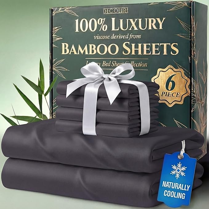 DECOLURE 100% Viscose Derived from Bamboo Sheets California King Size - Luxury 6 Pc Naturally Cooling Sheets, Ultra Soft Bed Set - Deep 17" Pockets, Double Stitching, Oeko Tex Standard (Charcoal)