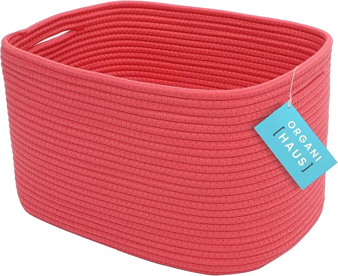 OrganiHaus Woven Storage Baskets for Organizing, Cotton Rope Organizer Bins for Shelves, Closet & Nursery, Dog Toy Basket, Decorative Bins for Toys, Towels & Books - 15x10x9, Coral