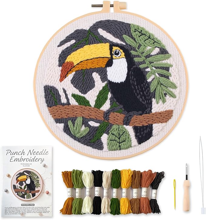 Myfelicity Punch Needle Embroidery Kit, Beginner Craft Set with Animal Pattern Design, 7.9 Inch Hoop (Toucan)