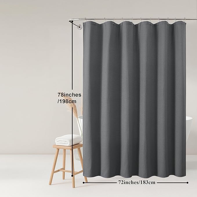 OWENIE Grey Waffle Weave Fabric Shower Curtain, Textured Heavy Cloth Shower Curtains for Bathroom, Water Repellent Soft Hotel Spa Luxury Elegant Bath Curtain, Machine Washable, Grey, 72x78 Inch