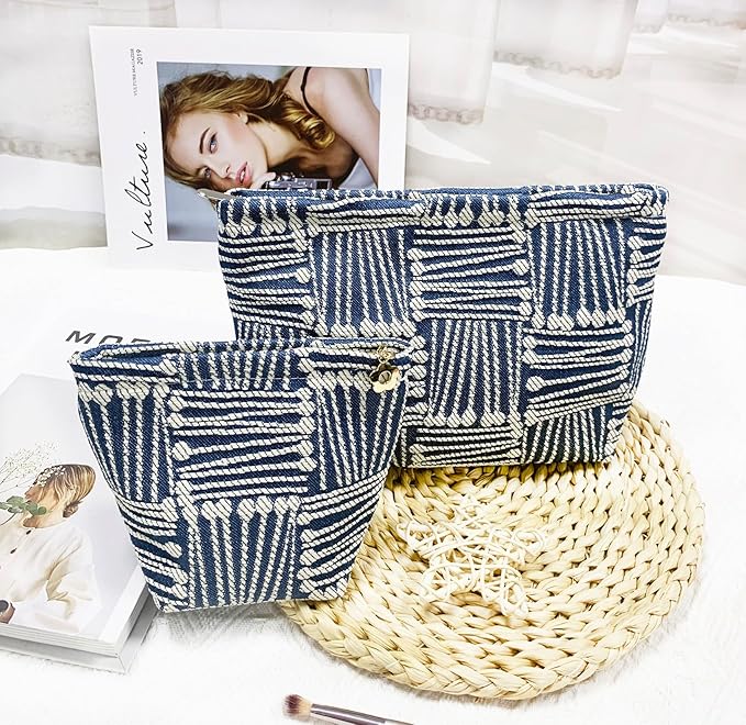 getgto 2 Pcs Makeup Bags, Large Cosmetic Bag Travel Toiletry Bag Organizer for Women, Embroidery Craft, Stripe Makeup Bag Small Cosmetic Pouch Purse with Zipper Gifts for Girls Teen