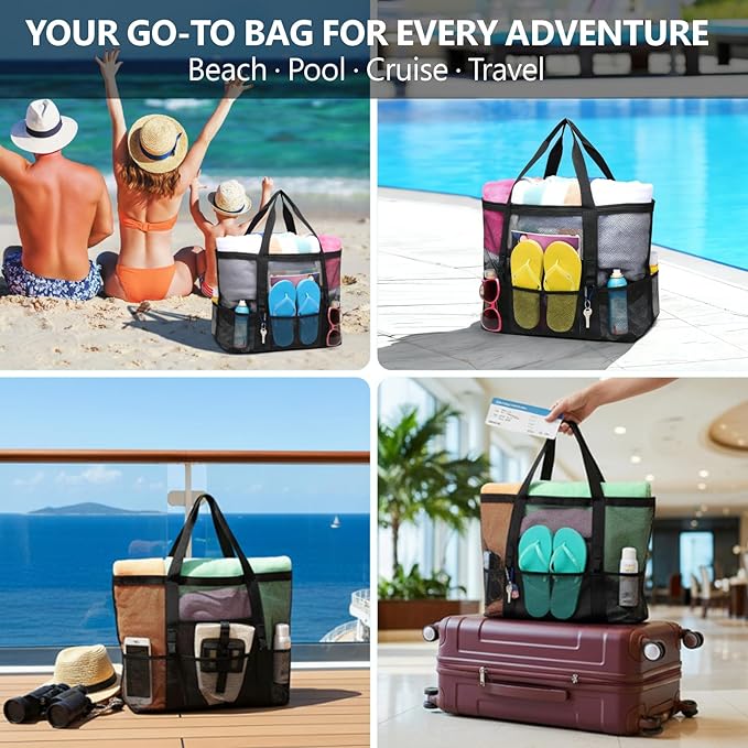 F-color Mesh Beach Bag Family - Large Tote Bag for Cruise Pool Toys Beach Vacation Essentials
