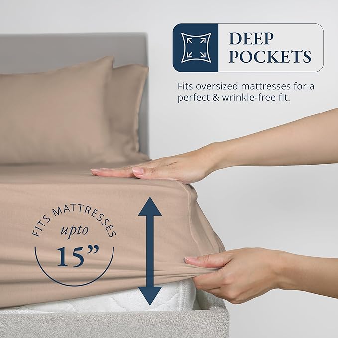 LANE LINEN King Fitted Sheet, 100% Organic Cotton, 3-Piece Set (1 Fitted Sheet,2 Pillowcases), Percale Weave, Ultra Soft, Breathable,Fits Mattress Upto 15" Deep - Taupe (No Flat Sheet)