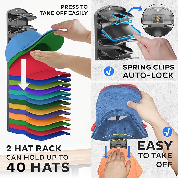 genicuts Double Capacity Hat Organizer for Baseball Caps 2 Packs - 40 Cap Storage with Spring Clips, Wall Mount Closet & Door Hat Rack Holder Hanging(Strong Adhesive & Screws) Matte Black