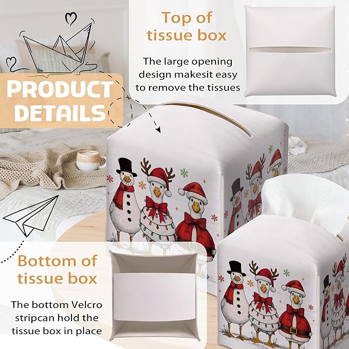 Vintage Christmas Goose Tissue Box Holder, Retro Christmas Leather Tissue Box Cover Square, Paper Facial Decorative Tissues Cover for Bathroom Kitchen Office Home Decor-B27