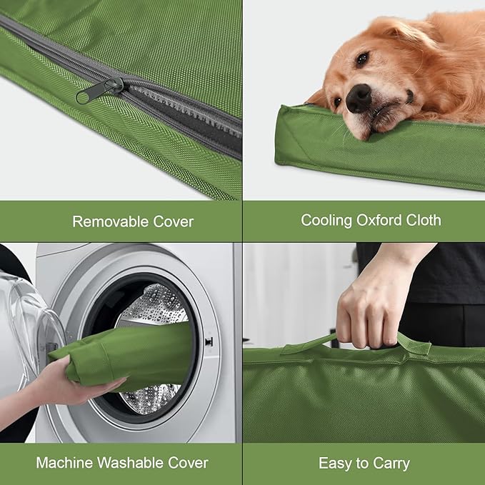 Tail Stories Outdoor Extra Large Dog Bed, Jumbo Waterproof Dog Bed for Large Dogs, Orthopedic Egg Crate Foam Pet Mat with Removable Oxford Cooling Cover, Light Green