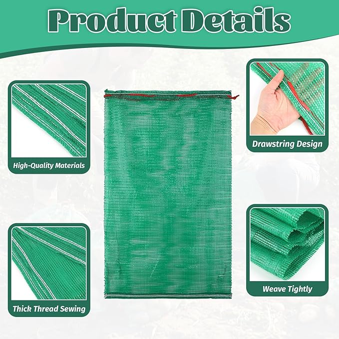 50Pcs Extra Large Mesh Produce Bags 31'' x 20'' Reusable Vegetable Storage Bags Sacks Breathable Drawstring Fresh Produce Storage Bag for Onions, Potatoes, Citrus, Vegetables, Holds up to 50 Lb, Green