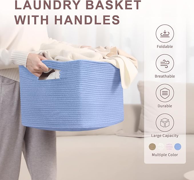 SunNewt 45L Small Baby Girls Laundry Basket for Nursery Storage,Cute Woven cotton Rope Baskets for Kids Toy，Gifts, Boho Square Wicker Blanket hamper for Living Room,Bedroom Dirty Clothes,Blue Purple