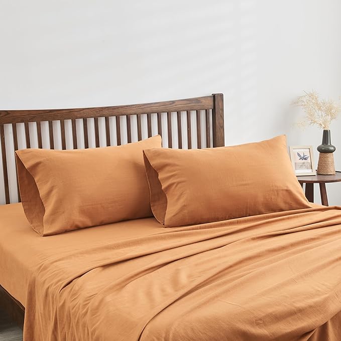 Simple&Opulence Belgian Linen Sheet Set Solid Color - 4 Pieces (1 Flat Sheet, 1 Fitted Sheet & 2 Pillowcases) Natural Flax Cotton Blend Soft Breathable Farmhouse Bedding - Queen Size, Rust
