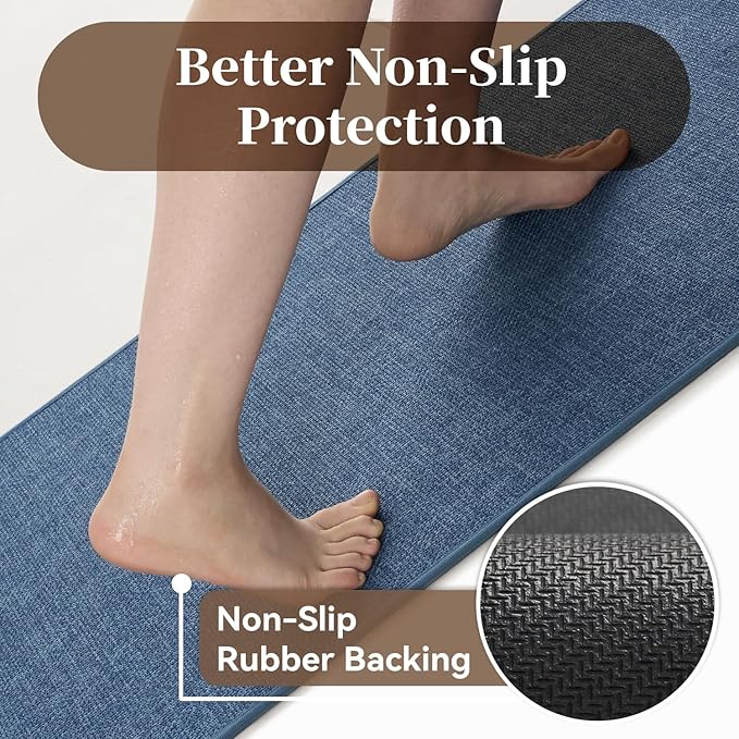 MontVoo Bathroom Runner Rug-Ultra Thin Non Slip Bath Mat Runner for Bathroom Mat Quick Dry, Rubber Backing Washable Runner Bathroom Rugs Fit Under Door, Absorbent Bath Rug,24"x47",Blue