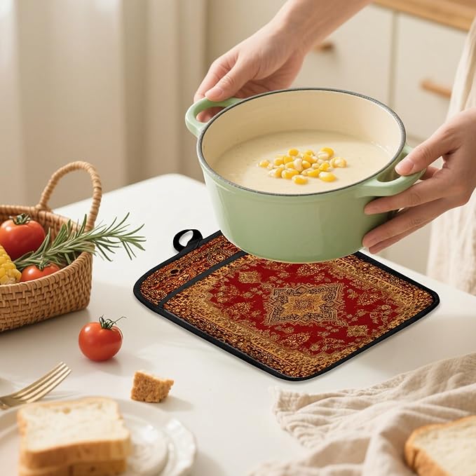 Boho Vintage Oriental Floral Pot Holders 2 Pack Set, Red and Gold Antique Rustic Flower Heat Resistant Oven Hot Pads for Kitchen Countertop Baking，066 Potholder