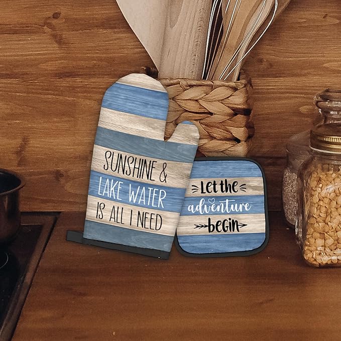 Lake Gifts Oven Mitts and Pot Holders Sets, Lake Lovers House Gifts Kitchen Accessories Sets Decor, Rustic Sunshine Lake Water is All I Need Heat Resistant Oven Glove Potholders for Kitchen