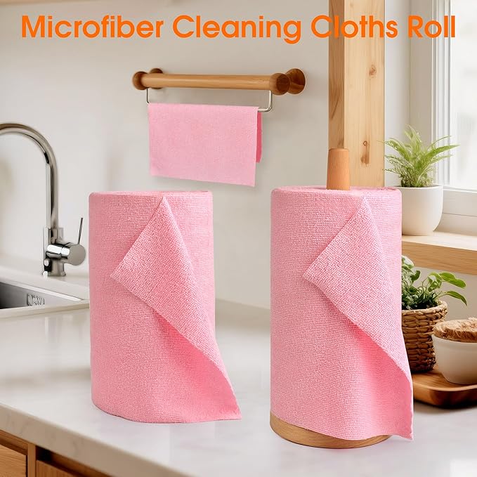 CHAUNCEY HOME Microfiber Cleaning Cloth Roll - 100 Pack Tear Away Microfiber Paper Towels, Reusable, Washable, Scratch-Free, Kitchen Towels for Car, Home, Kitchen, Glass, Dishes(Pink)