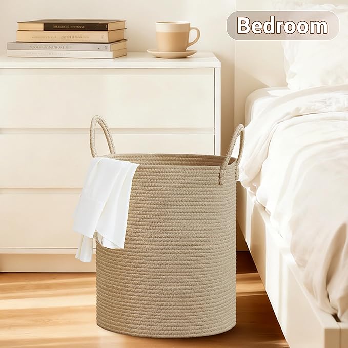 SunNewt Tall Laundry Basket with Handles, 53L Portable Dirty Clothes Hamper, Boho Cotton Rope Storage Bin for Blankets Kids Toys Gifts, Decorative Organizer for Baby Nursery Bedroom Bathroom, Jute