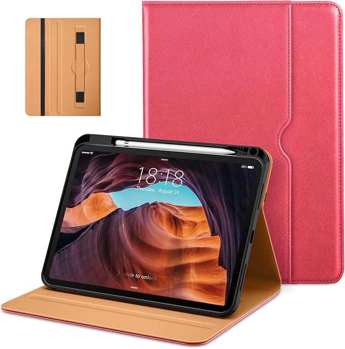 DTTO for iPad (A16) 11th Generation Case 11 Inch 2025, iPad 10th Generation Case 10.9 Inch 2022, Premium Leather Business Folio Stand Cover with Pencil Holder - Auto Wake/Sleep, Watermelon red
