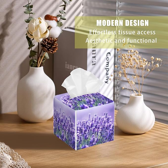 BLYKVGHQ Lavender Flowers Tissue Box Cover Square, Tissue Box Holder with Bottom Belt Leather Facial Paper Organizer Dispenser for Bathroom Bedroom Dresser Night Stand Tabletop