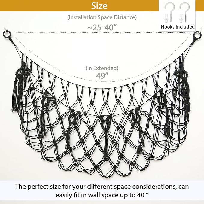 Large Stuffed Animal Net Hammock Macrame Toy Diaplay Plush Toy Holder Ceiling Hanging Net for Stuffed Animal Storage Kid Bedroom Boho Nursery Decor (Black, 49" W)