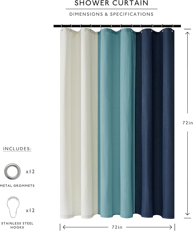 MONDAY MOOSE Colorful Waffle Weave Shower Curtain with Rustproof Metal Grommet Holes for Bathroom, Machine Washable, Hooks Included (72x72 inch, Light Blue/Blue)