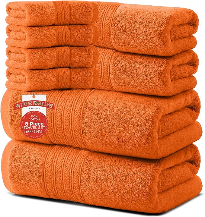 RIVERSIDE Pack of 8 Towels Set, 2 Large Bath, 2 Hand, 4 Face Washcloths, 100% Cotton Hotel Quality, Super Soft, Quick Dry, Highly Absorbent Perfect for Bathroom, Orange
