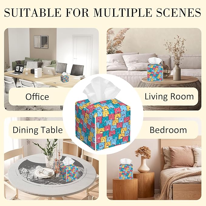 POIUBLE Cute Colorful Cats Tissue Box Cover Leather Tissue Box Holder Square Facial Paper Organizer Dispenser for Bathroom Kitchen Bedroom Vanity Countertop Night Stands