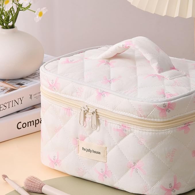 Quilted Makeup Bag, Large Capacity Travel Cosmetic Bag for Women and Girls, Aesthetic Storage for Daily and Travel (Pink Bow)
