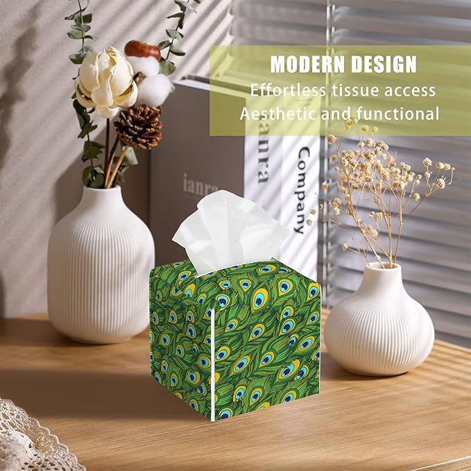 BLYKVGHQ Leather Tissue Box Holder Peacock Feather Tissue Box Cover Facial Paper Case Organizer Cube Napkin Dispenser for Bathroom Vanity Countertop Night Stand Office Car