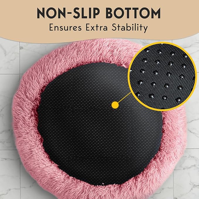 PetJett Calming Large Dog Bed - 36'' Donut Dog Beds, Anti-Slip & Washable Large Round Bed, Fluffy Faux Fur Pet Bed, Super Soft Anti-Anxiety Premium Comfort Bed, Fits Dogs up to 80 lbs - Pink