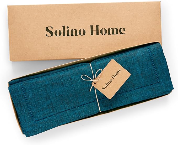 Solino Home Linen Cloth Placemats Set of 4-100% Pure Linen Hemstitch Chambray Teal Placemats 14 x 19 Inch - Milan Hemstitch Table Place Mats for Spring, Easter, St Patricks Day