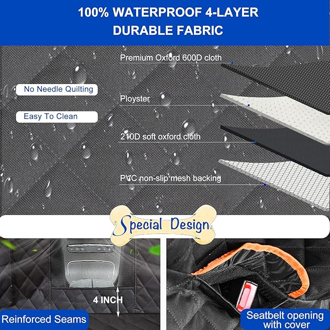 EasyHaWei Dog Car Seat Cover for Back Seat 600D Scratchproof Nonslip Durable Waterproof Cars Pet Backseat Covers with Mesh Window Dogs Hammock for Car，SUV, Truck (60" W x 64" L)