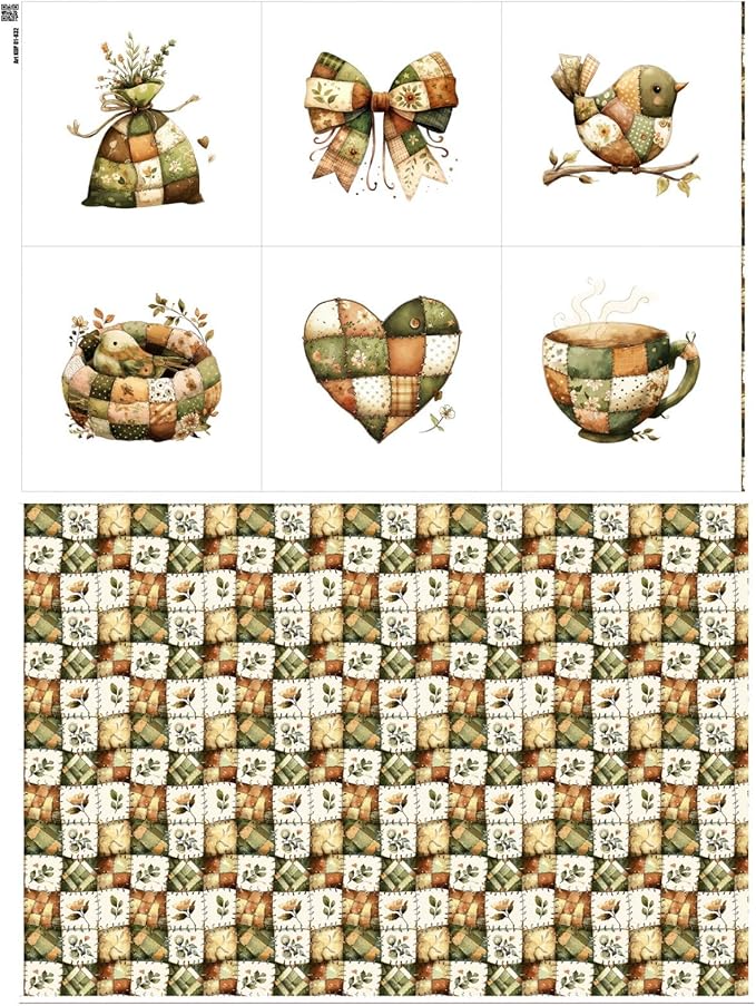 Rustic Patchwork Cotton Fabric Panel – 6 Designs (10"×10" inch Each) + Bonus Patchwork Sheet 29.5"×19.6" inch, 100% Cotton 140 GSM