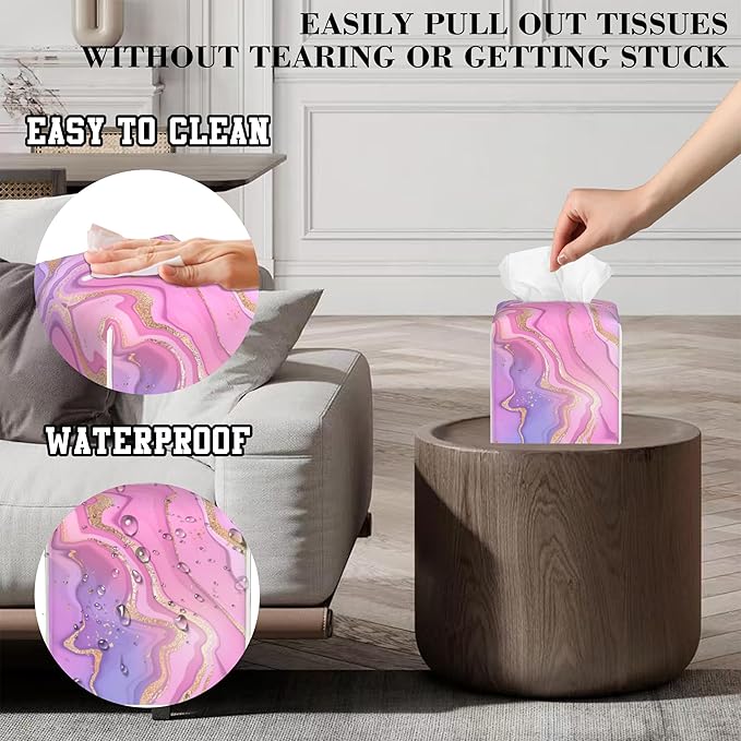 OHEGBXE Tissue Box Holder Purple and Pink Liquid Marble Square Leather Tissue Box Cover Modern Cube Facial Paper Cover Case for Bathroom Vanity Countertop Night Stands Tabletop