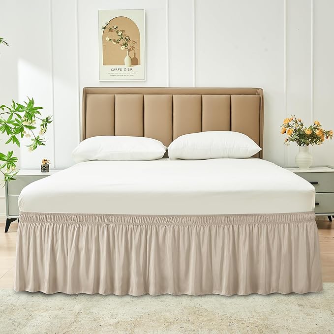 Biscaynebay Wrap Around Bed Skirts for Full & Full XL Beds 19" Long Drop, Light Camel Adjustable Elastic Dust Ruffles Easy Fit Wrinkle & Fade Resistant Silky Luxurious Fabric Solid Machine Washable
