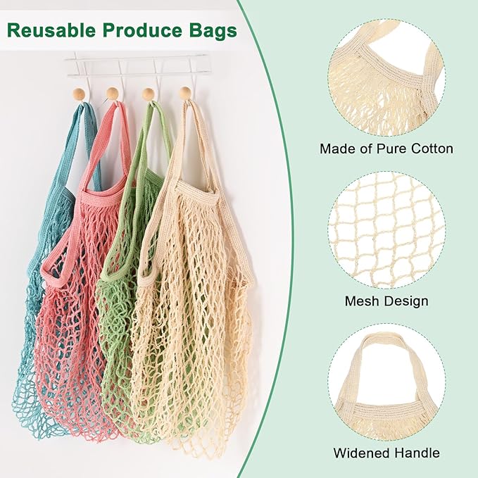 M METERXITY 1-Pack Cotton Mesh Bag, Reusable Washable Mesh Net String Grocery Bags, Reusable Produce Bags with Handle, Net Tote Bag for Fruits/Vegetables Shopping [Cream, Short Handle]