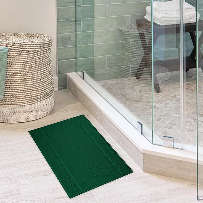 Ample Decor 100% Cotton Bath Mats 24 x 17 Inches, Quick Dry, 1350 GSM Banded Border Shower Bathroom Floor Mat, Not Bathroom Rug - Green, 2 Pack