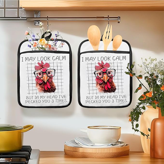 Funny Chicken Pot Holders for Kitchen, Chicken Lover Mom Lady Gifts, I May Look Calm Humorous Rooster Hen Heat Resistant Hot Pads and Oven Mitts for Baking Cooking