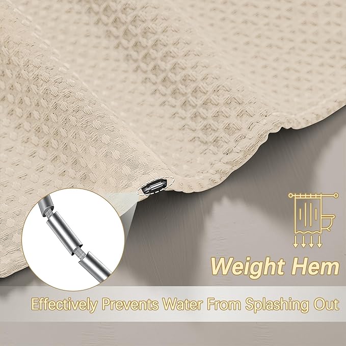 PANGSINNE Beige Fabric Shower Curtain - Waffle Textured Heavy Duty Shower Curtains for Bathroom, 256GSM Hotel Spa Luxury Weighted Bath Curtain with 6 Hooks, 36x72, Beige