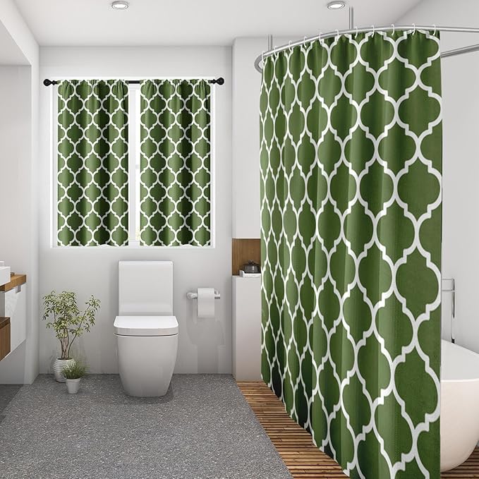 Culudea Sage Green Quatrefoil Moroccan Plaid Waffle Textured Cloth Shower Curtain Set, Four Leaf Clover Retro Grid Geometric Bathroom Window Waterproof Shower Curtains for Bathroom Decor