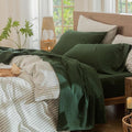 MooMee Bedding Sheet Set 100% Washed Cotton Linen Like Textured Breathable Durable Soft Comfy (Solid Forest Green, King)
