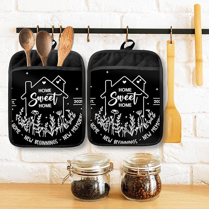 Housewarming Gifts Pot Holders with Pockets, House Warming Gifts Ideas, Home Sweet Home Oven Pot Holders Heat Resistant Oven Mitts Hot Pads for Kitchen Baking Cooking