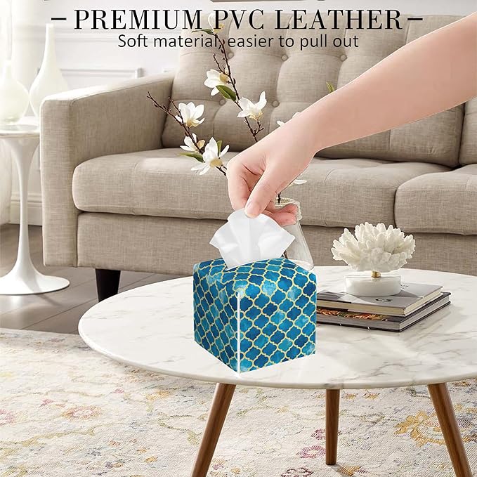 POIUBLE Tissue Box Holder Blue Moroccan Tile Tissue Box Cover Square Leather Tissue Holder Organizer Portable Decorative Facial Paper Case for Home Office Bathroom Vanity Countertop