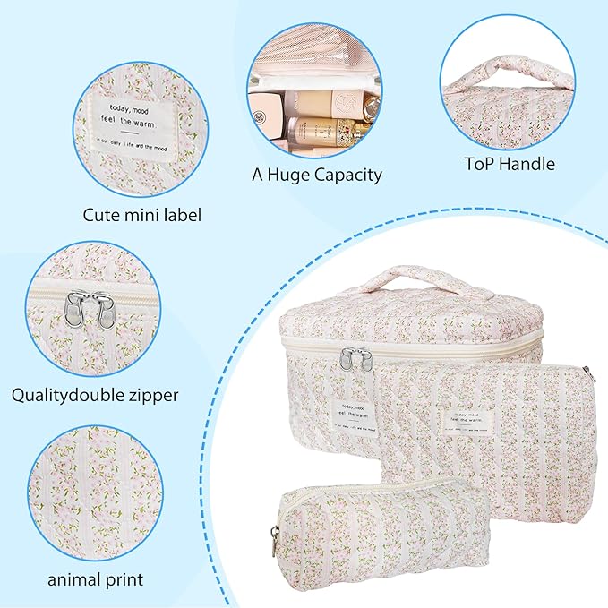 Cozomga Quilted Makeup Bag, Large Capacity Travel Cosmetic Bag for Women and Girls, Aesthetic Storage for Daily and Travel Use (3pcs-pinkleavesflowers)