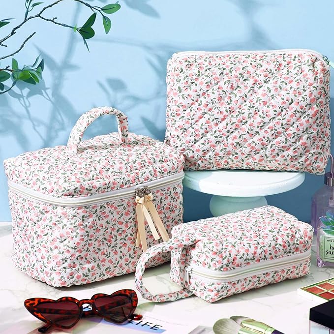 Paterr Makeup Bag Set 3 Pcs Large Quilted Cotton Make up Bags for Women Cosmetic Travel Toiletry Organizer Pouch Cute Aesthetic Storage Purse(Pink,Pink Floral)