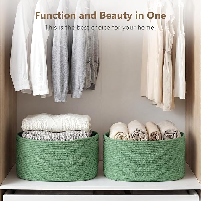 ECDYQXVU Cotton Rope Storage Basket, 15x10x9 Inches, Woven Basket for Shelves, Clothes, Towels, Books, and Laundry, Green (2 Pack)