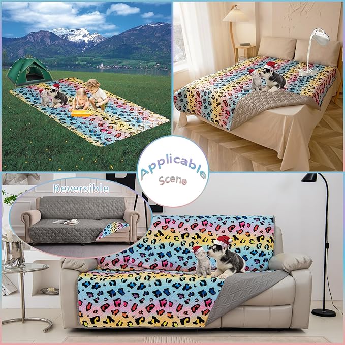 Topthumbs Waterproof Dog Bed Cover 86x82inch Reversible Pad Reusable Camping Mat for Kids/Pet/Dog/Cat Washable Geometric Embroidery Blanket Patchwork Rainbow Leopard Printed+Gray