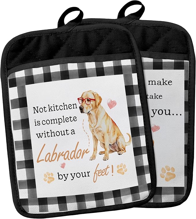 Funny Dog Pot Holders with Pockets,Labrador Decor Kitchen Accessories Sets,Complete Without a Labrador Dog Heat Resistant Oven Glove Potholders for Kitchen