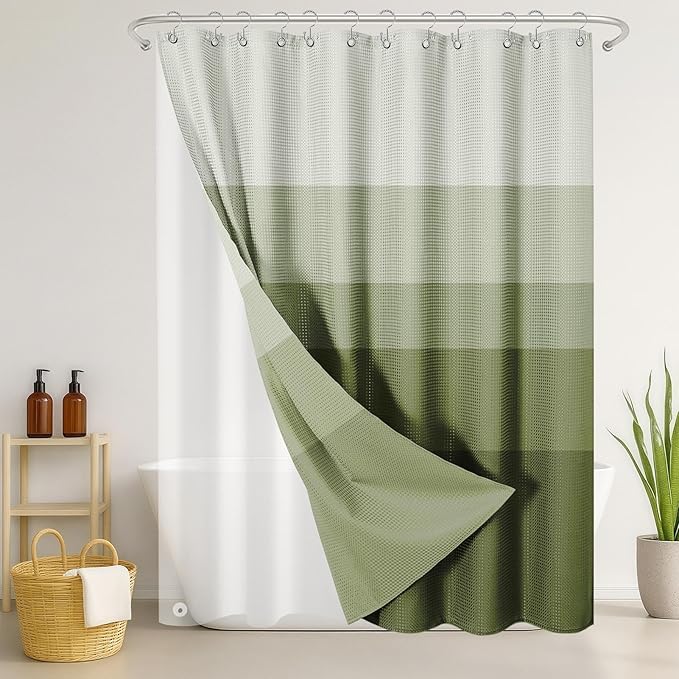 Nesphy Shower Curtain and Liner, Sage Green Ombre Striped 3 in 1 Shower Curtain and PEVA Liner Set with 12 Rust-Resistant Metal Hooks, Waterproof Fabric Shower Curtains for Bathroom, 72 W x 72 H