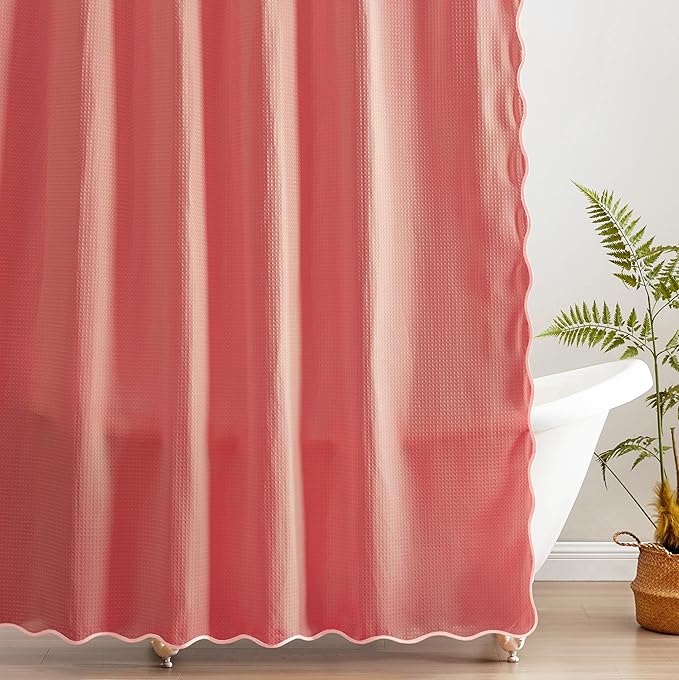 MONDAY MOOSE Scalloped Waffle Weave Shower Curtain with Rustproof Metal Grommet Holes for Bathroom, Machine Washable, Hooks Included (72x72 inch, Light Coral/Coral)
